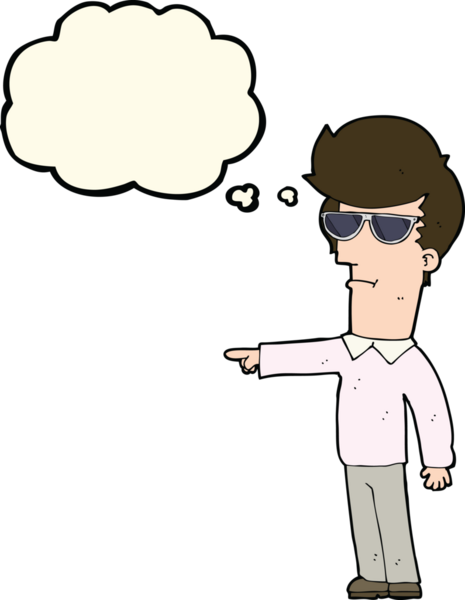 Bir insan tarafından çizilmiş düşünce kabarcığını gösteren gözlüklü bir çizgi film adamı.