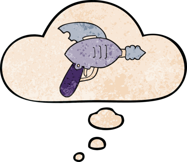 Bir insan tarafından çizilmiş grunge desenli düşünce baloncuklu çizgi film ışın tabancası.