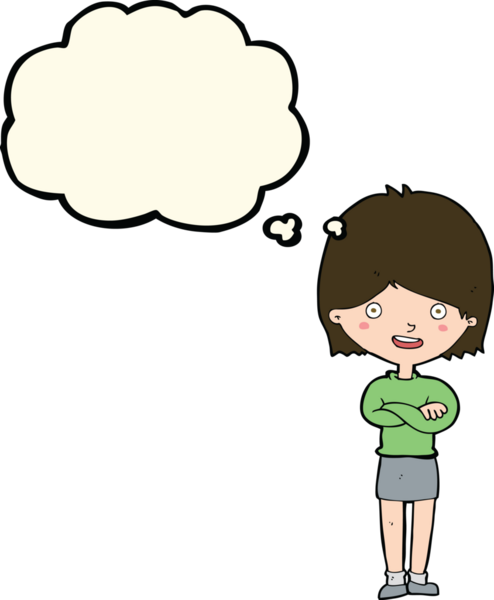 Bir insan tarafından çizilmiş düşünce balonlu mutlu kadın çizgi filmi.