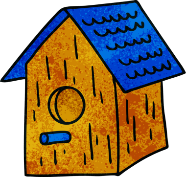 Bir insan tarafından çizilmiş ahşap bir kuş evinin el çizimi karikatürü.