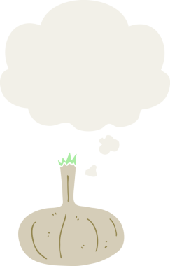 Düşünce baloncuklu karikatür soğanı insan tarafından çizilmiş.