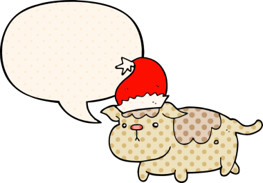 Bir insan tarafından çizilmiş çizgi roman tarzında konuşma balonu olan şirin bir Noel köpeği.