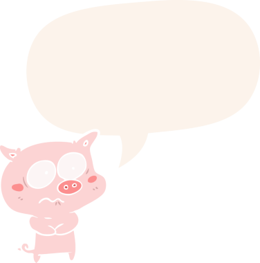 Bir insan tarafından çizilmiş, konuşma baloncuklu çizgi film gerilimli domuz.