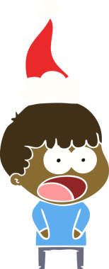 Bir insan tarafından çizilmiş Noel Baba şapkası giyen şok olmuş bir adamın düz renkli çizimi.