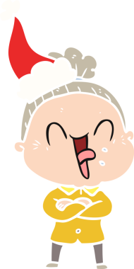 Bir insan tarafından çizilmiş Noel Baba şapkası giyen mutlu yaşlı bir kadının el resmi.