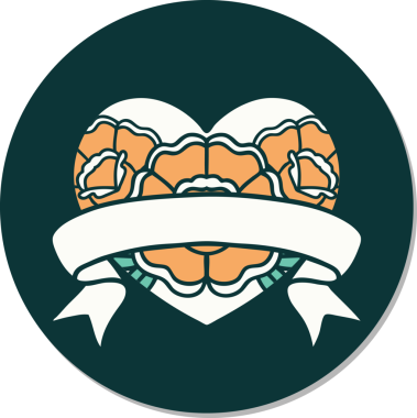 Geleneksel kalp stili dövme çıkartması ve bir insan tarafından çizilmiş çiçekli pankart.