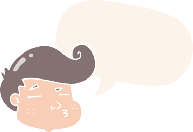 Bir insan tarafından çizilmiş eski moda konuşma balonlu çizgi film çocuğunun yüzü.