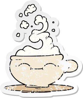 Bir insan tarafından çizilmiş sıcak bir fincan kahvenin sıkıntılı çıkartması.