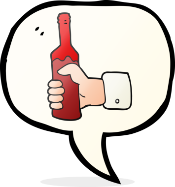 Bir insan tarafından çizilmiş bir şişe şarabı tutan serbest konuşma balonu karikatürü.