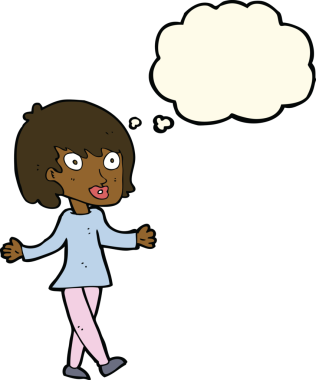 Bir insan tarafından çizilmiş düşünce balonlu açık kollu çizgi film kadını.