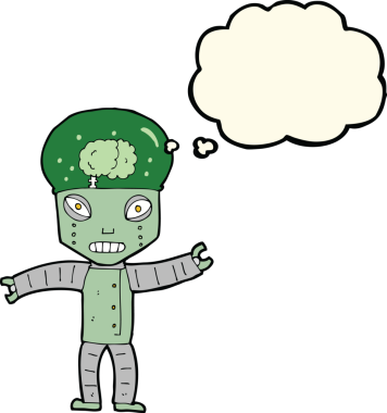 Bir insan tarafından çizilmiş düşünce baloncuklu komik robot.