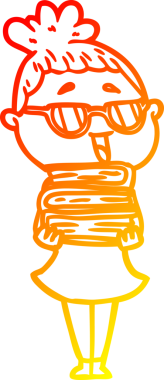 Bir insan tarafından çizilmiş gözlük takan mutlu bir kadının çizgi çizimi.