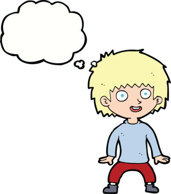 Bir insan tarafından çizilmiş düşünce baloncuğu olan heyecanlı çocuk.