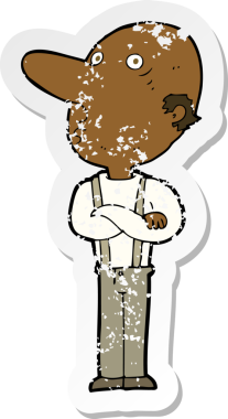 Bir insan tarafından katlanmış kolları olan yaşlı bir adamın karikatür yapıştırması.