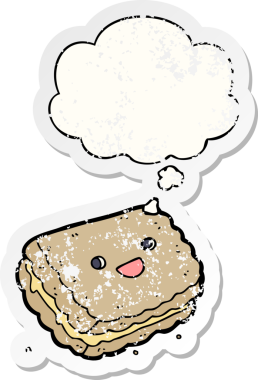Düşünce baloncuklu çizgi film bisküvisi insan tarafından çizilmiş yıpranmış bir çıkartma.