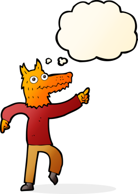 Bir insan tarafından çizilmiş düşünce balonlu tilki adam.