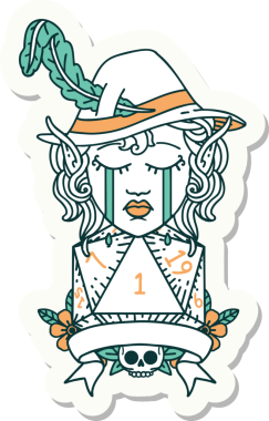 Ağlayan bir elf şair karakterinin çıkartması. Bir insan tarafından çizilmiş doğal bir D20 rulosu.