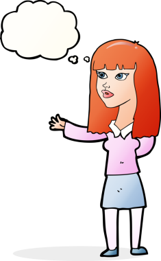 Bir insan tarafından çizilmiş düşünce baloncuğu olan bir şey göstermek isteyen bir karikatür kadını.