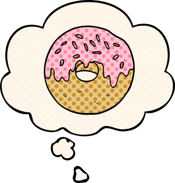 Çizgi roman tarzında bir insan tarafından çizilmiş düşünce baloncuklu çizgi film donutu.