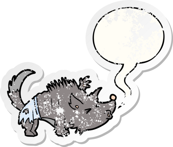 Konuşma balonu olan cadılar bayramı kurtadamı bir insan tarafından çizilmiş sıkıntılı eski bir çıkartma.