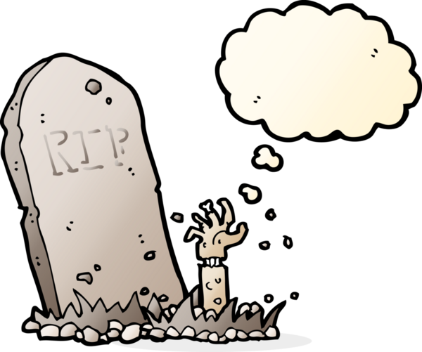 Bir insan tarafından çizilmiş düşünce baloncuğuyla mezardan yükselen bir zombi çizgi filmi.