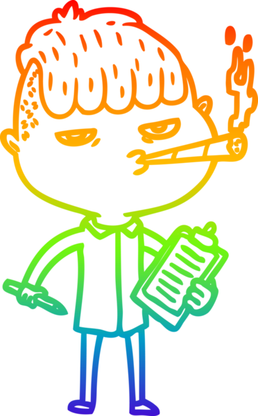 Bir insan tarafından çizilmiş sigara içen bir çizgi film satıcısının çizimi.