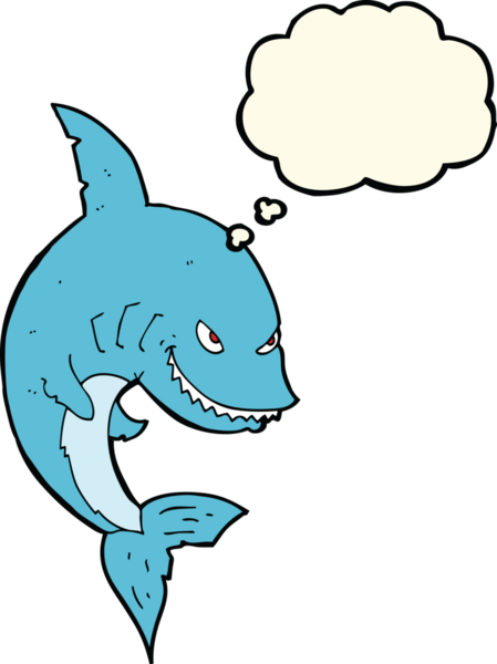 Bir insan tarafından çizilmiş düşünce baloncuklu komik köpek balığı.