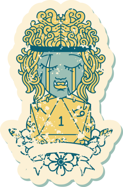 Retro Dövme Tarzı Ağlayan Ork Barbar Karakteri Bir insan tarafından çizilmiş doğal D20 rulosu