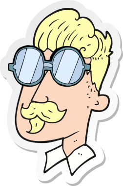 Bir insan tarafından çizilmiş bıyıklı ve gözlüklü bir karikatür adamın çıkartması.