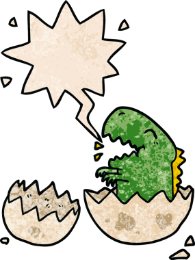 Karikatür dinozoru yumurtadan çıkıyor. Konuşma baloncuğu ile insan tarafından çizilmiş retro dokuya sahip.