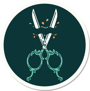 Bir insan tarafından çizilmiş geleneksel bir berber makas stili dövme çıkartması.