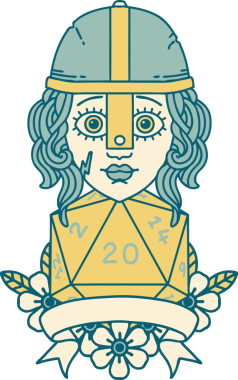 Retro Dövme Tarzı İnsan Savaşçısı Doğal 20 D20 ruloyla Bir insan tarafından çizilmiş