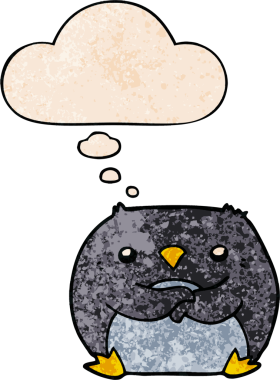 Bir insan tarafından çizilmiş grunge desenli düşünce baloncuklu penguen çizgi filmi.