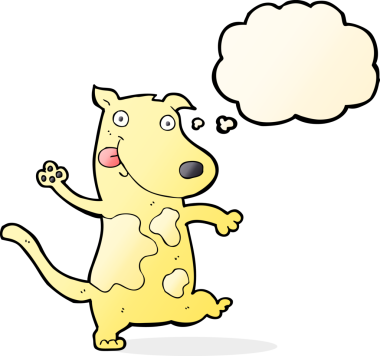 Bir insan tarafından çizilmiş düşünce balonlu mutlu bir köpek.