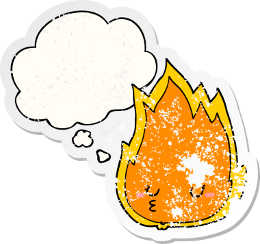 Düşünce baloncuklu şirin çizgi film ateşi bir insan tarafından çizilmiş yıpranmış bir çıkartma gibi.