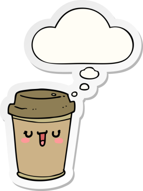 Bir insan tarafından çizilmiş bir çıkartma olarak düşünce baloncuklu kahveyi çıkar.