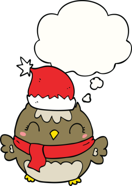 Bir insan tarafından çizilmiş düşünce baloncuklu şirin noel baykuşu.