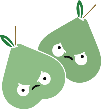 Bir insan tarafından çizilmiş yeşil bir armutun düz renkli retro karikatürü