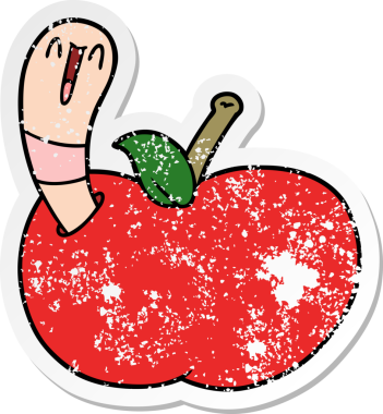 Bir insan tarafından çizilmiş elmalı bir karikatür solucanının sıkıntılı çıkartması.