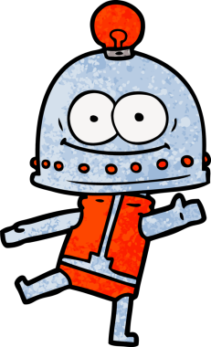 Bir insan tarafından çizilmiş ampullü mutlu karton robot.