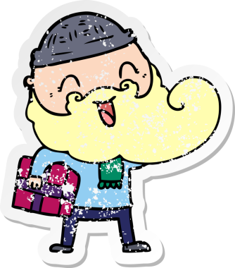 Bir insan tarafından çizilmiş Noel hediyesini taşıyan mutlu sakallı bir adamın sıkıntılı çıkartması.