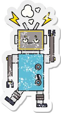 Bir insan tarafından çizilmiş arızalı bir robot çizgi film çıkartması.