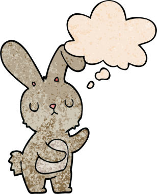 Bir insan tarafından çizilmiş grunge desenli düşünce baloncuklu şirin çizgi film tavşanı.