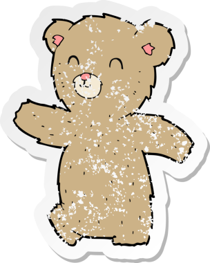 Bir insan tarafından çizilmiş sevimli bir oyuncak ayının gerilimli retro çıkartması.