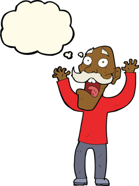 Karikatür ihtiyarı bir insan tarafından çizilen düşünce baloncuğundan korkar.