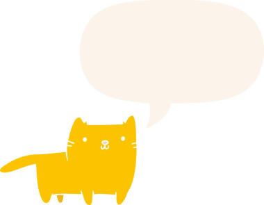 Konuşma baloncuğu olan çizgi film kedisi insan tarafından çizilmiş.