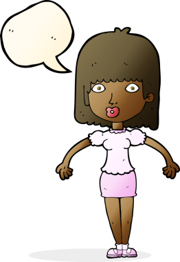 Bir insan tarafından çizilmiş konuşma baloncuğuyla omuz silken çizgi film kadını.