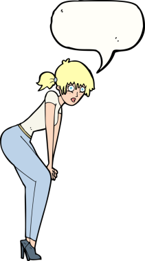 Bir insan tarafından çizilmiş konuşma balonuyla poz veren karikatür kadın.