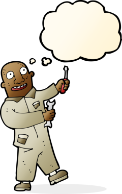 Bir insan tarafından çizilmiş düşünce kabarcığı olan karikatür tamircisi.