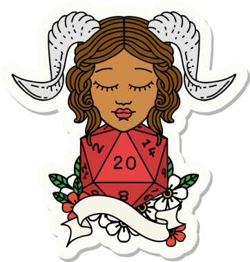 Bir insan tarafından çizilmiş doğal yirmi zarla yapıştırılmış bir etiket.